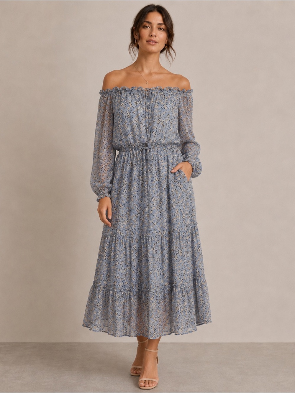 Anthropologie Kira Off-Shoulder Peasant Dress Women Size 12 Blue Floral Tiered